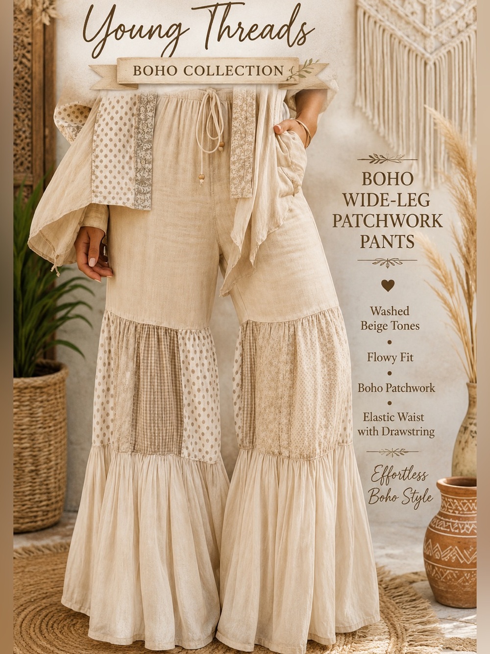 Young Threads Boho Wide-Leg Patchwork Pants - Cream